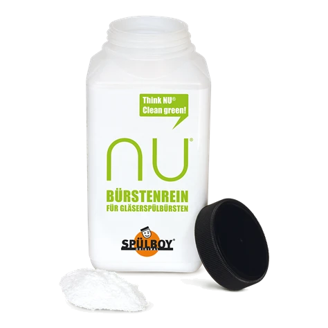 White 750 g can of NU® brush sanitizer with a green label, its black cap and a heap of powder beside it